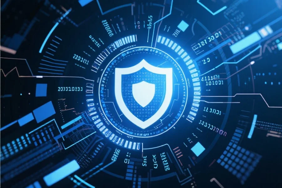 抽象风格的科技背景，突出安全防护和数据加密元素，营造安心体验