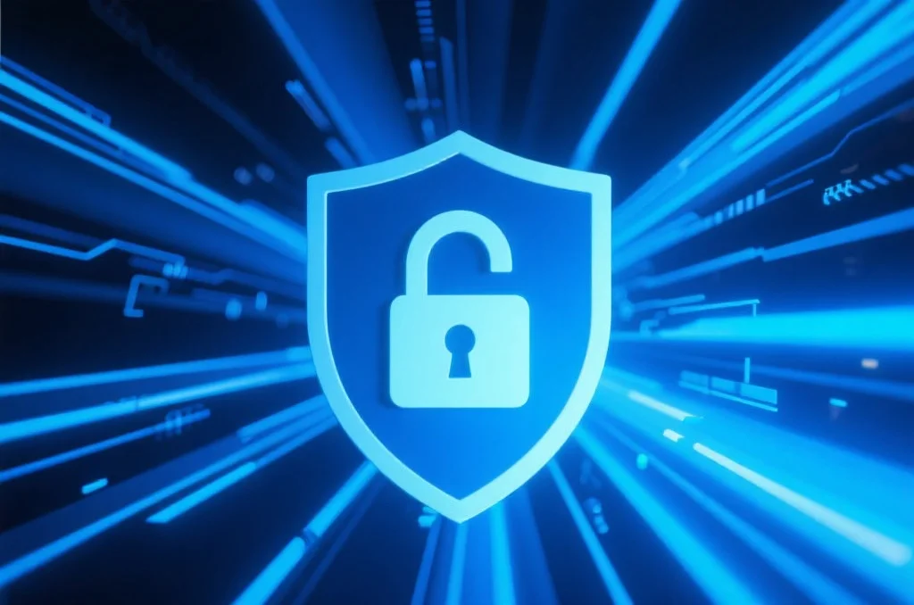 抽象的数字锁和防护盾牌图案，象征网络账户安全与保护，背景带有科技感的蓝色光束
