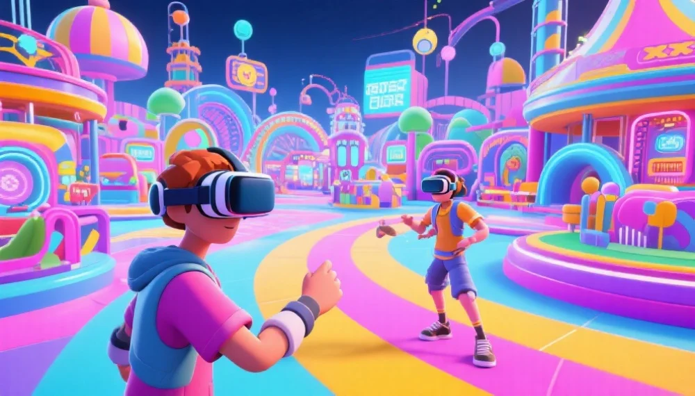 一个虚拟现实乐园，玩家角色在明亮多彩的场景中互动，周围有游乐设施和数字化娱乐元素