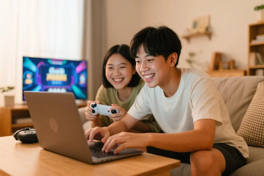 亚洲年轻玩家在家庭环境中使用笔记本电脑愉快地体验线上娱乐平台，画面温馨、充满互动氛围